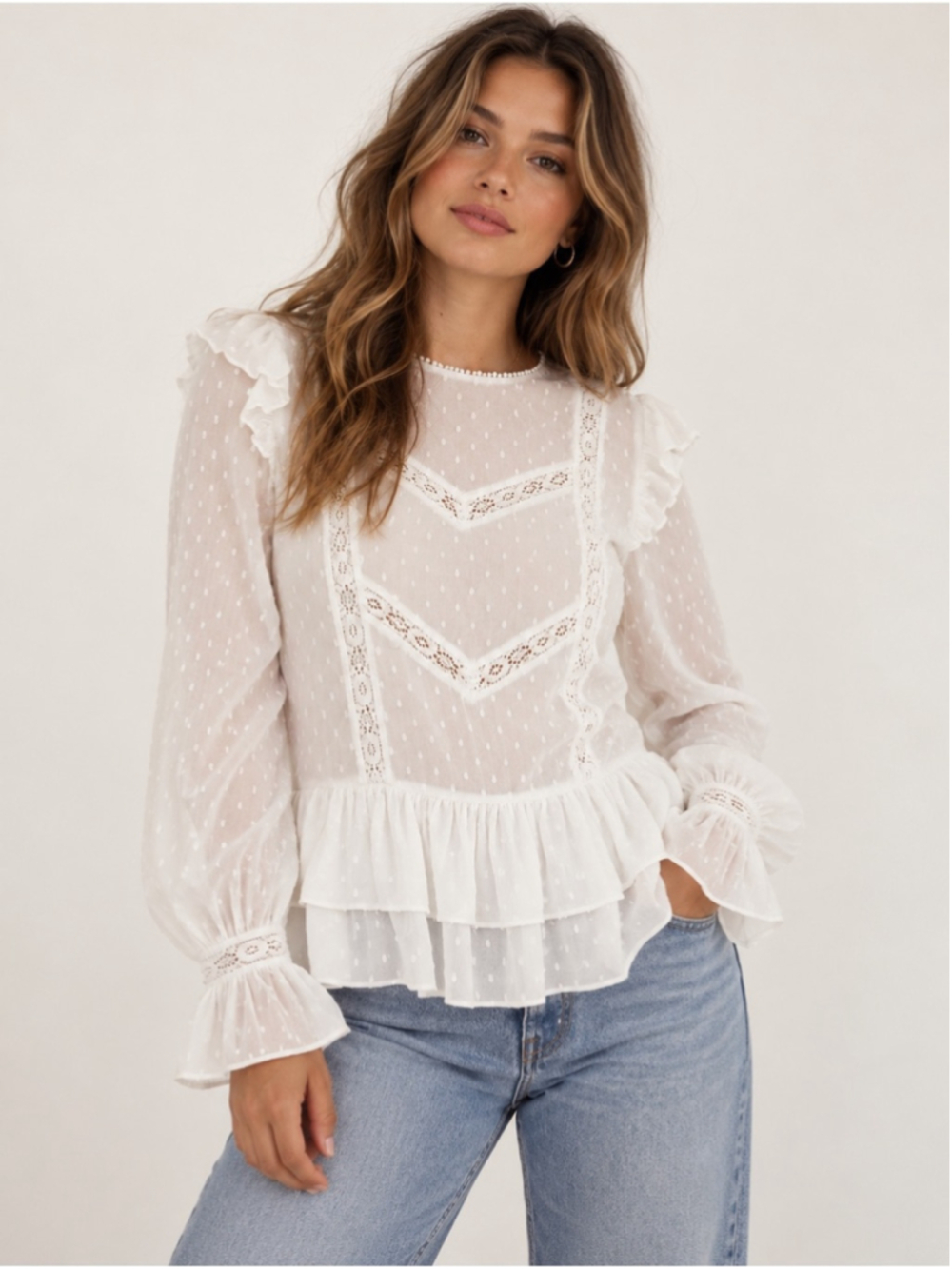 Zara Ruffle Lace Blouse Long Sleeve romantic Victorian boho sz XL